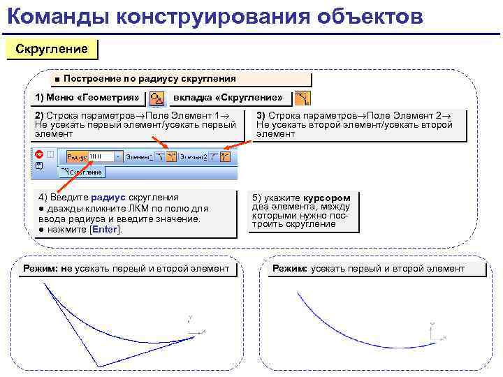 Команды конструирования объектов Скругление ■ Построение по радиусу скругления 1) Меню «Геометрия» вкладка «Скругление»