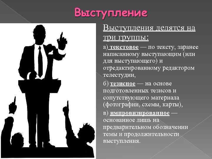 Выступление Выступления делятся на три группы: а) текстовое — по тексту, заранее написанному выступающим