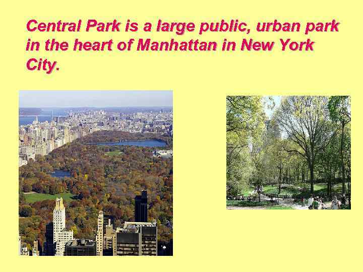 Central Park is a large public, urban park in the heart of Manhattan in