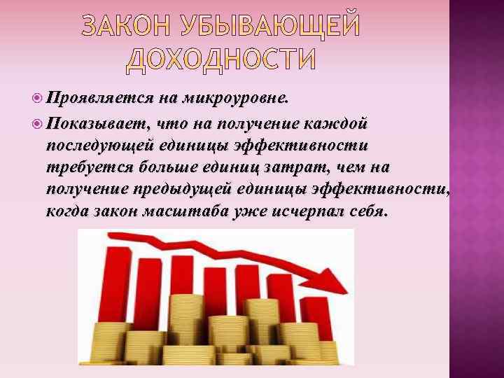  Проявляется на микроуровне. Показывает, что на получение каждой последующей единицы эффективности требуется больше