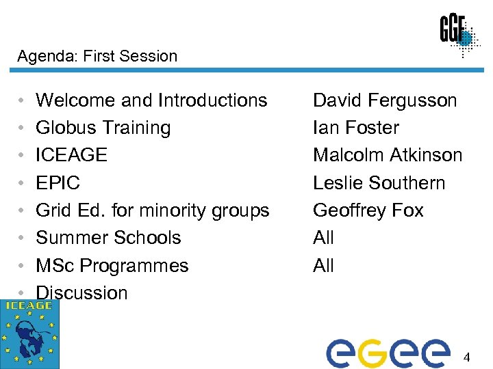 Agenda: First Session • • Welcome and Introductions Globus Training ICEAGE EPIC Grid Ed.