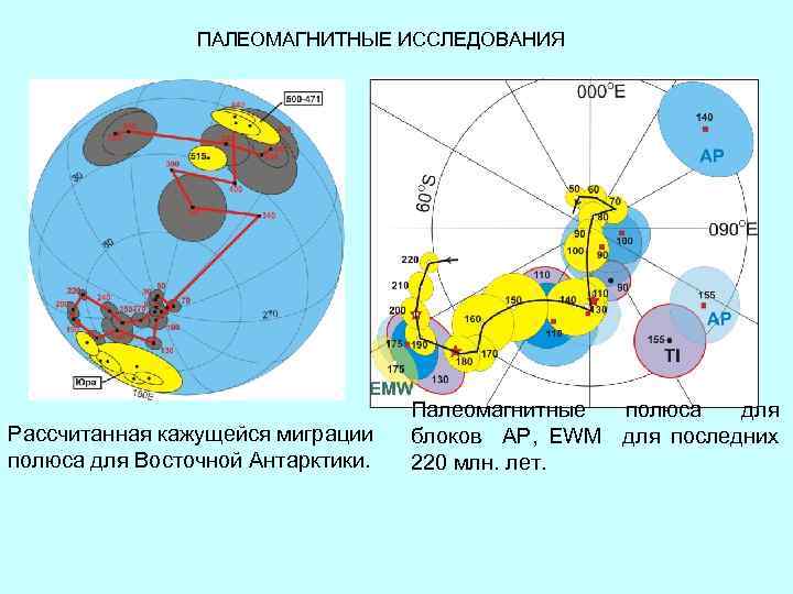 ПАЛЕОМАГНИТНЫЕ ИССЛЕДОВАНИЯ Рассчитанная кажущейся миграции полюса для Восточной Антарктики. Палеомагнитные полюса для блоков AP,