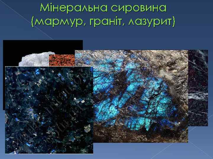 Мінеральна сировина (мармур, граніт, лазурит) 