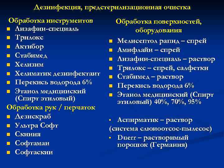 Дезинфекция, предстерилизационная очистка Обработка инструментов n Лизафин-специаль n Трилокс n Актибор n Стабимед n