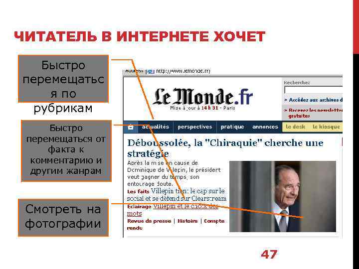 ЧИТАТЕЛЬ В ИНТЕРНЕТЕ ХОЧЕТ Быстро перемещатьс я по рубрикам Быстро перемещаться от факта к
