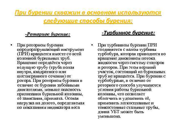 При бурении скважин в основном используются следующие способы бурения: Турбинное бурение: -Роторное бурение: •