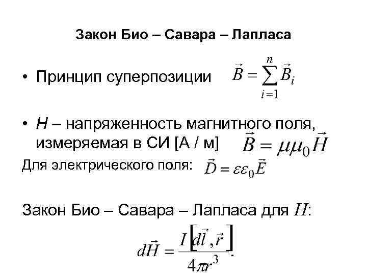 Закон Био – Савара – Лапласа • Принцип суперпозиции • Н – напряженность магнитного