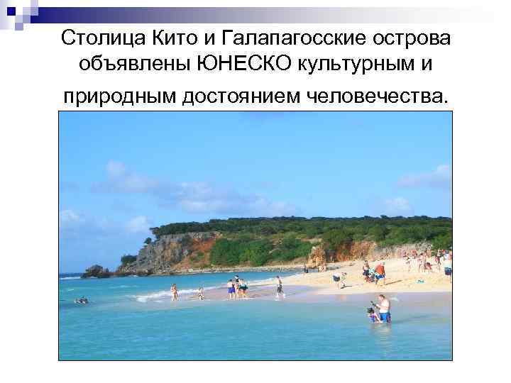 Столица Кито и Галапагосские острова объявлены ЮНЕСКО культурным и природным достоянием человечества. 