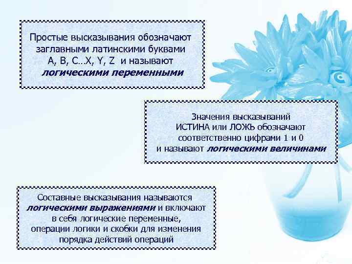 Простые высказывания обозначают заглавными латинскими буквами A, B, C…X, Y, Z и называют логическими