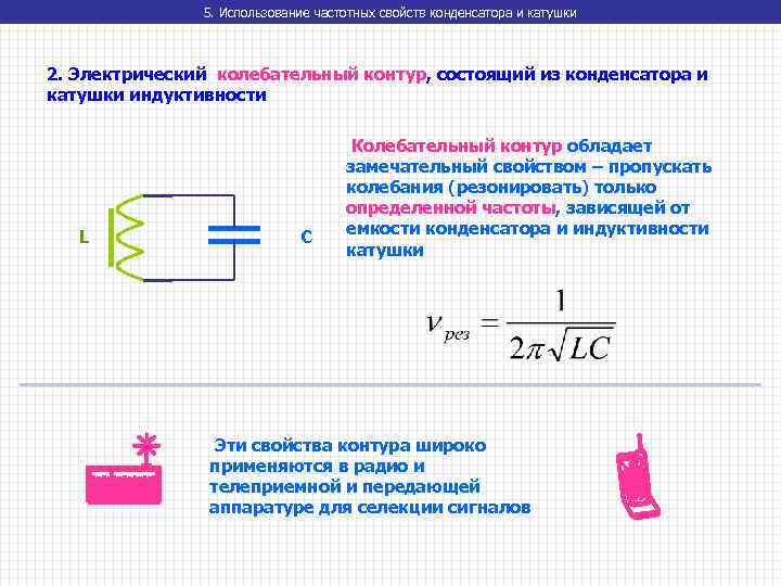 5. Использование частотных свойств конденсатора и катушки 2. Электрический колебательный контур, состоящий из конденсатора