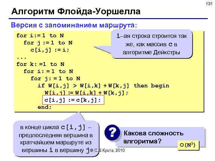 131 Алгоритм Флойда-Уоршелла Версия с запоминанием маршрута: for i: = 1 to N i–ая