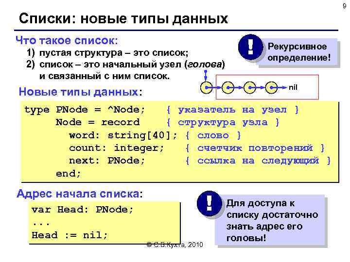 9 Списки: новые типы данных Что такое список: 1) пустая структура – это список;