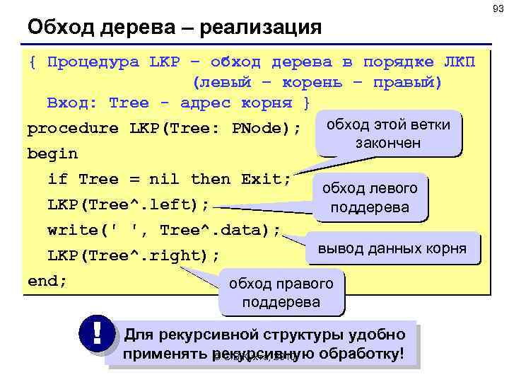 93 Обход дерева – реализация { Процедура LKP – обход дерева в порядке ЛКП