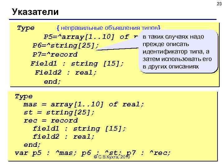 23 Указатели Type { неправильные объявления типов} в таких P 5=^array[1. . 10] of