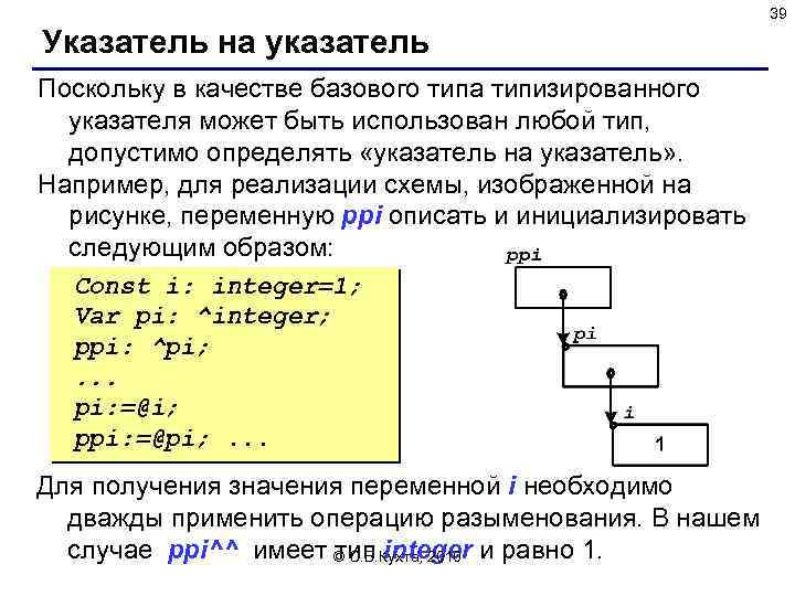 39 Указатель на указатель Поскольку в качестве базового типа типизированного указателя может быть использован
