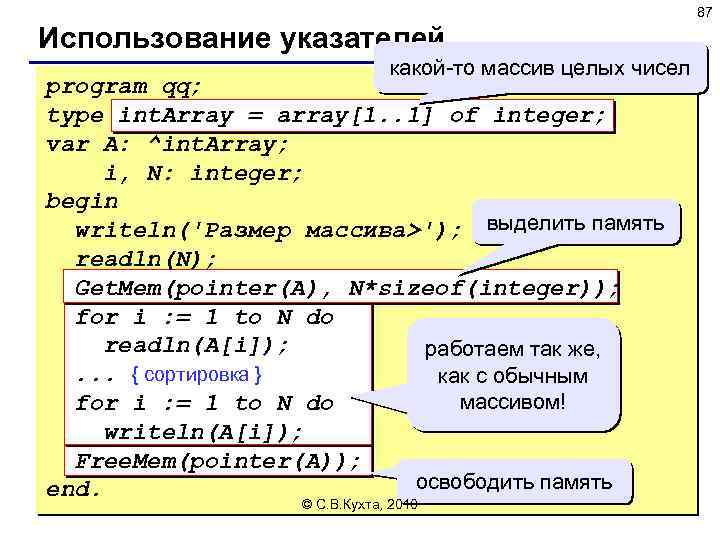 87 Использование указателей какой-то массив целых чисел program qq; type int. Array = array[1.
