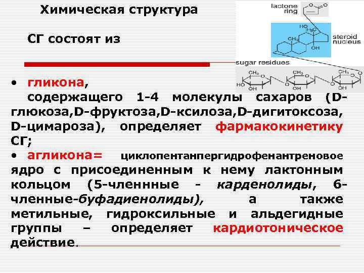 Химическая структура СГ состоят из • гликона, содержащего 1 -4 молекулы сахаров (Dглюкоза, D-фруктоза,