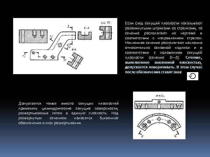 Если след секущей плоскости показывают разомкнутыми штрихами со стрелками, то сечение располагают на чертеже