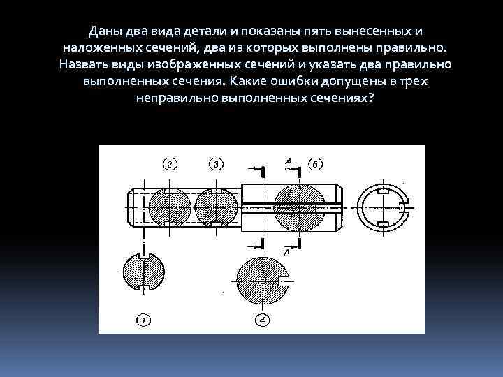 Даны два вида детали и показаны пять вынесенных и наложенных сечений, два из которых