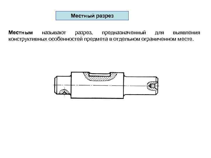Местный разрез Местным называют разрез, предназначенный для выявления конструктивных особенностей предмета в отдельном ограниченном