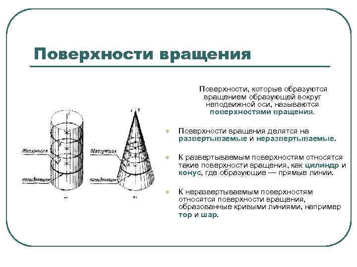 Поверхности вращения Поверхности, которые образуются вращением образующей вокруг неподвижной оси, называются поверхностями вращения. l