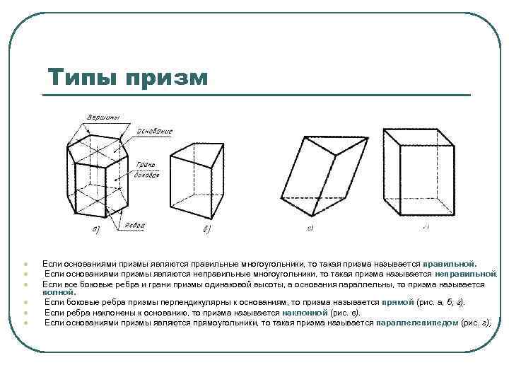 Типы призм l l l Если основаниями призмы являются правильные многоугольники, то такая призма