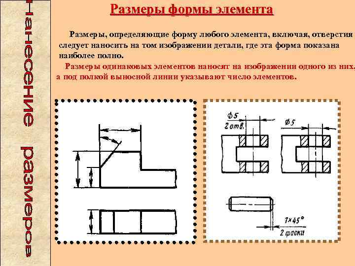 Размеры формы элемента Размеры, определяющие форму любого элемента, включая, отверстия следует наносить на том