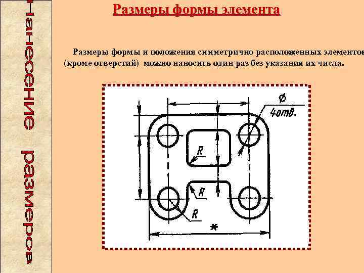 Размеры формы элемента Размеры формы и положения симметрично расположенных элементов (кроме отверстий) можно наносить