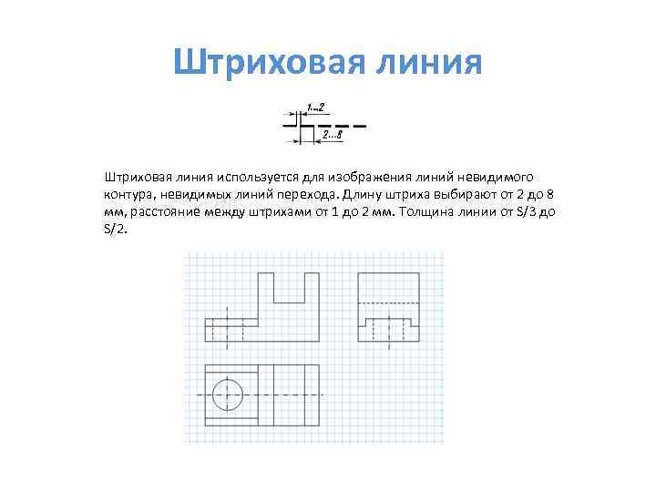 Штриховая линия используется для изображения линий невидимого контура, невидимых линий перехода. Длину штриха выбирают