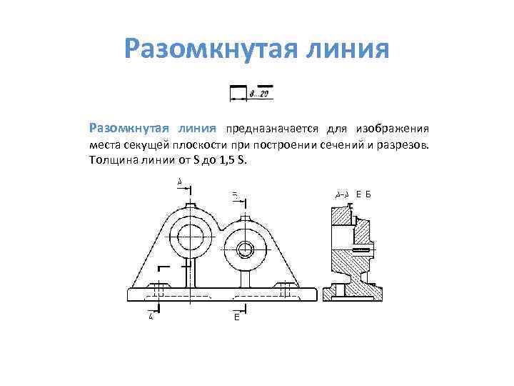 Разомкнутая линия предназначается для изображения места секущей плоскости при построении сечений и разрезов. Толщина