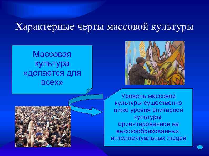 Характерные черты массовой культуры Массовая культура «делается для всех» Уровень массовой культуры существенно ниже
