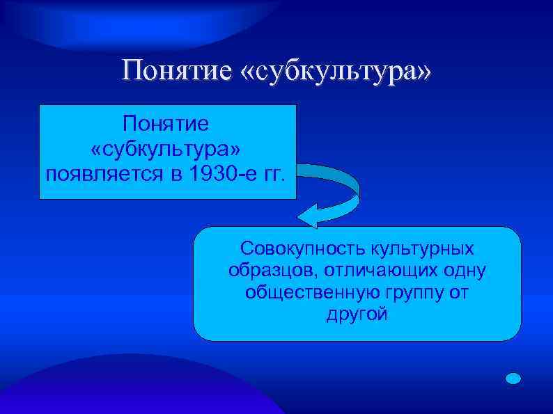 Понятие «субкультура» появляется в 1930 -е гг. Совокупность культурных образцов, отличающих одну общественную группу