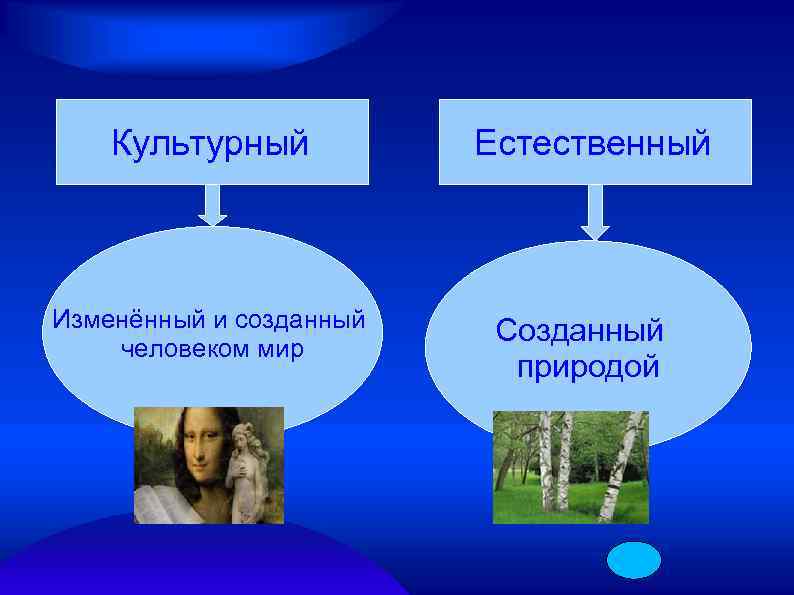 Культурный Изменённый и созданный человеком мир Естественный Созданный природой 