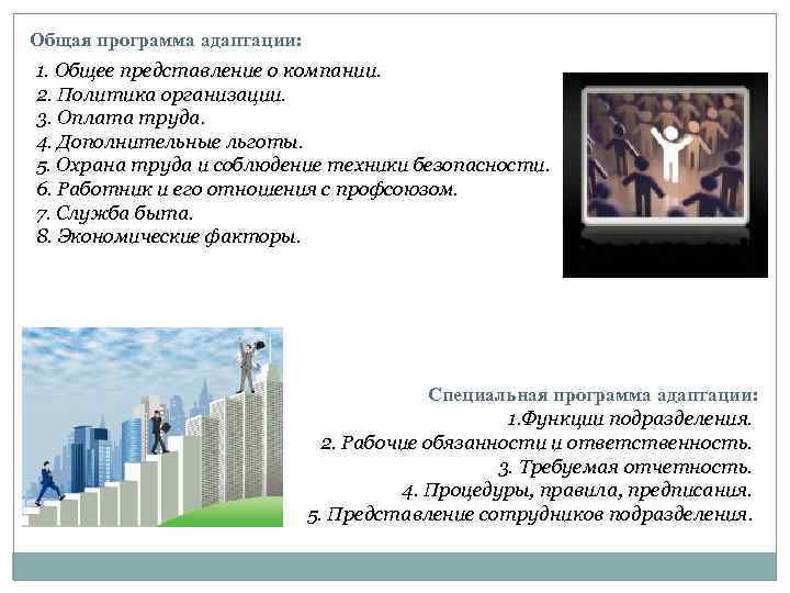 Общая программа адаптации: 1. Общее представление о компании. 2. Политика организации. 3. Оплата труда.