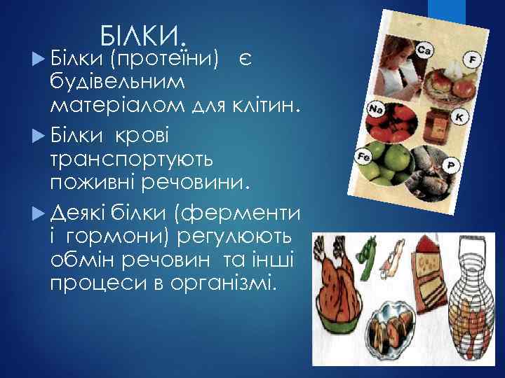 БІЛКИ. Білки (протеїни) є будівельним матеріалом для клітин. Білки крові транспортують поживні речовини. Деякі