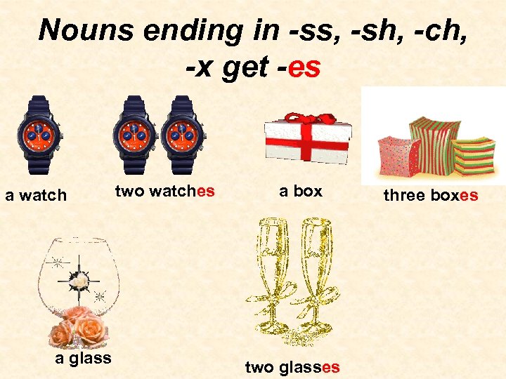 Nouns ending in -ss, -sh, -ch, -x get -es a watch a glass two