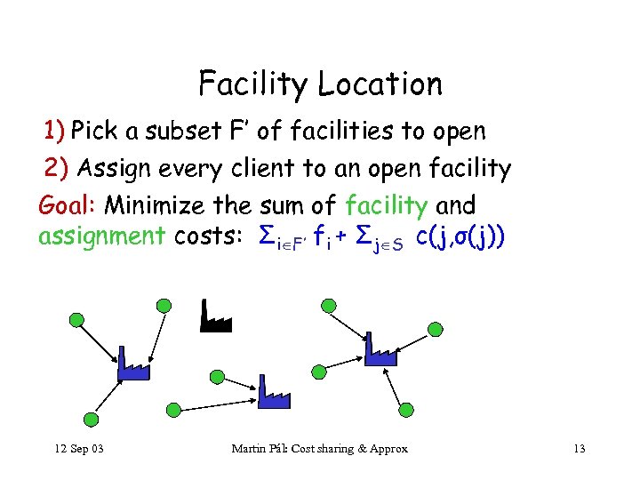 Facility Location 1) Pick a subset F’ of facilities to open 2) Assign every