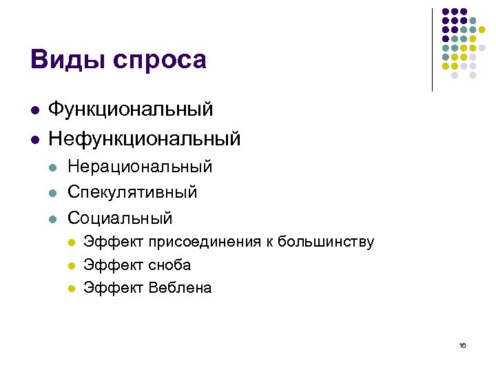 Виды спроса l l Функциональный Нефункциональный l l l Нерациональный Спекулятивный Социальный l l