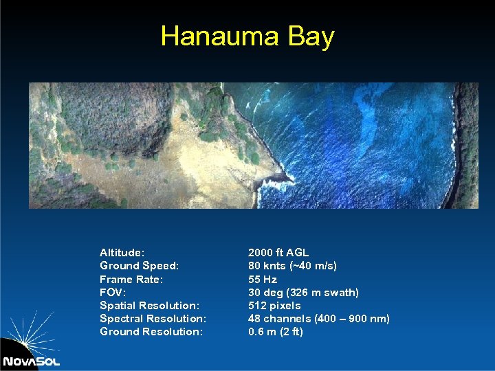 Hanauma Bay Altitude: Ground Speed: Frame Rate: FOV: Spatial Resolution: Spectral Resolution: Ground Resolution: