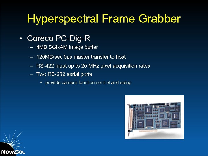 Hyperspectral Frame Grabber • Coreco PC-Dig-R – 4 MB SGRAM image buffer – 120