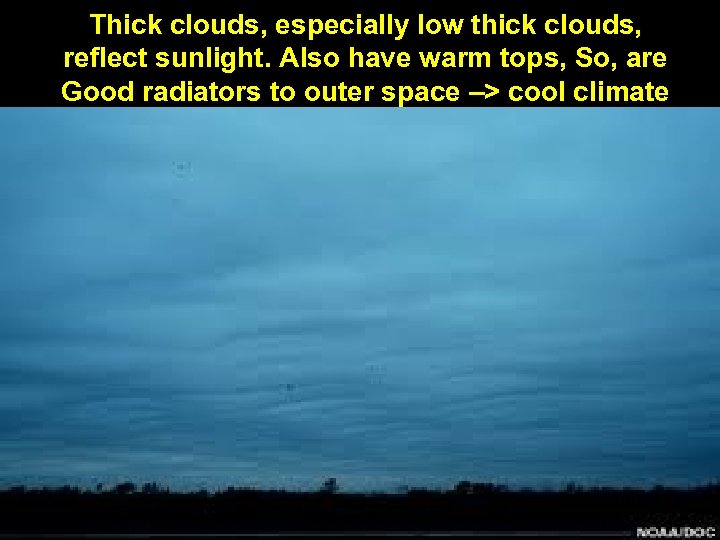 Thick clouds, especially low thick clouds, reflect sunlight. Also have warm tops, So, are