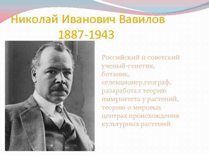 Николай Иванович Вавилов 1887 -1943 Российский и советский ученый-генетик, ботаник, селекционер, географ, разаработал теорию