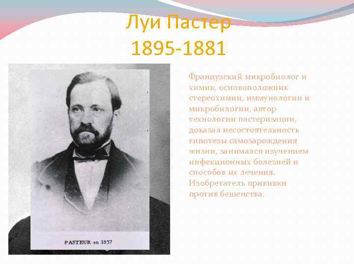 Луи Пастер 1895 -1881 Французский микробиолог и химик, основоположник стереохимии, иммунологии и микробилогии, автор