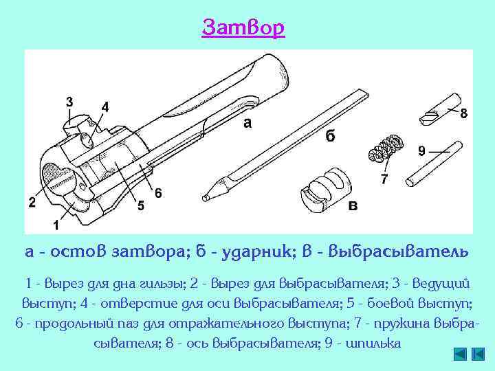 Затвор а - остов затвора; б - ударник; в - выбрасыватель 1 - вырез