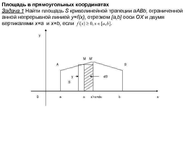 Площадь в прямоугольных координатах Задача 1 Найти площадь S криволинейной трапеции a. ABb, ограниченной