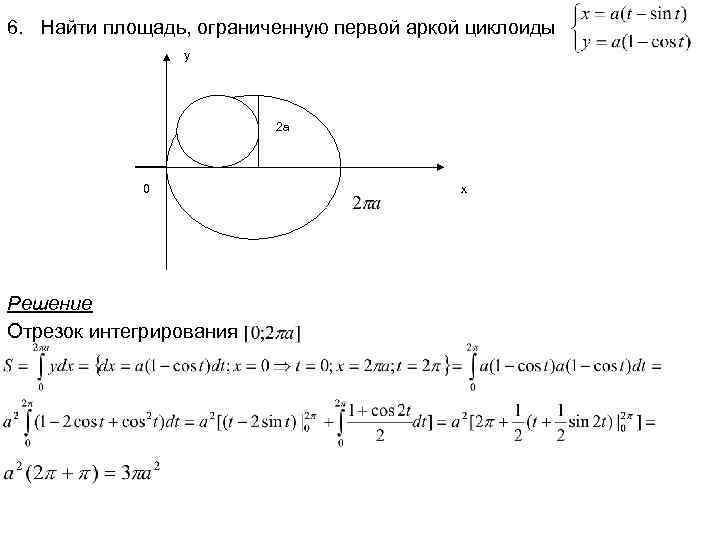 6. Найти площадь, ограниченную первой аркой циклоиды y y 2 a 0 Решение Отрезок