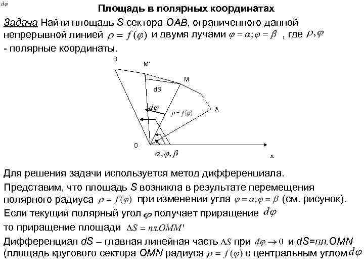 Площадь в полярных координатах Задача Найти площадь S сектора OAB, ограниченного данной и двумя