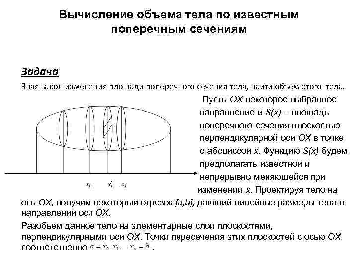 Вычисление объема тела по известным поперечным сечениям Задача Зная закон изменения площади поперечного сечения