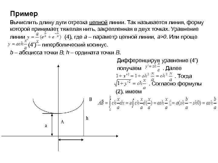 Пример Вычислить длину дуги отрезка цепной линии. Так называется линия, форму которой принимает тяжелая