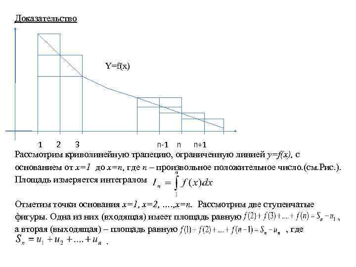 Доказательство Y=f(x) 1 2 3 n-1 n n+1 Рассмотрим криволинейную трапецию, ограниченную линией y=f(x),